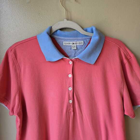 Tommy Hilfiger Women's Multicolor Polo Shirt Size XL Coral Blue Tenniscore Y2K - Picture 2 of 7